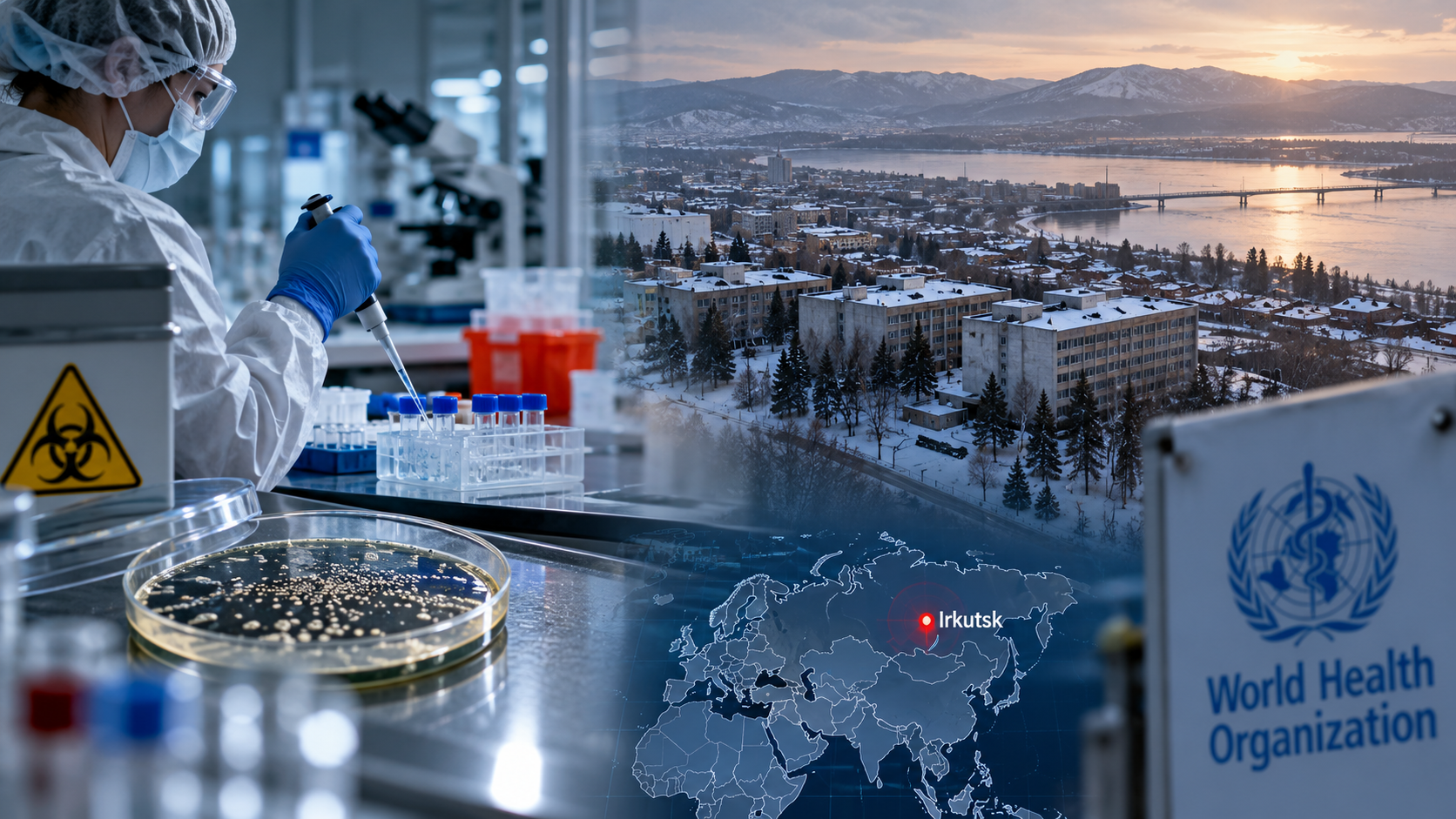 Editorial illustration of laboratory testing and Irkutsk, Russia, representing the investigation into the unexplained death of an anti-plague institute worker.