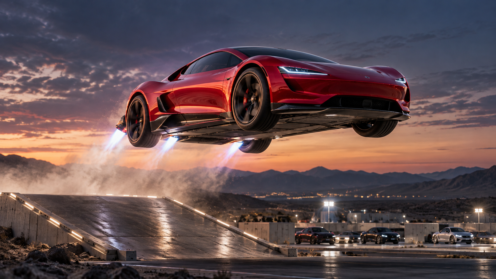 Editorial visualization of a futuristic red electric roadster airborne above a test track using thrust-assisted propulsion