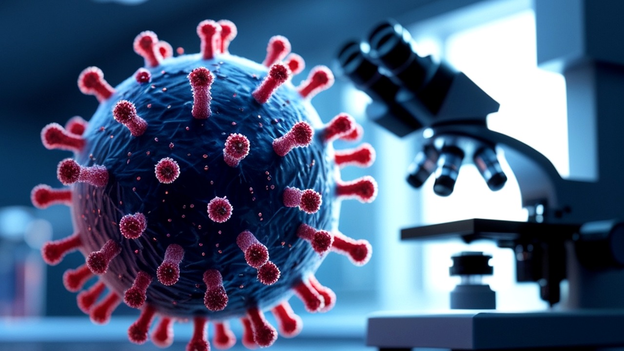 Photorealistic 3D editorial visualization of a measles virus particle beside a laboratory microscope, representing measles testing and surveillance.