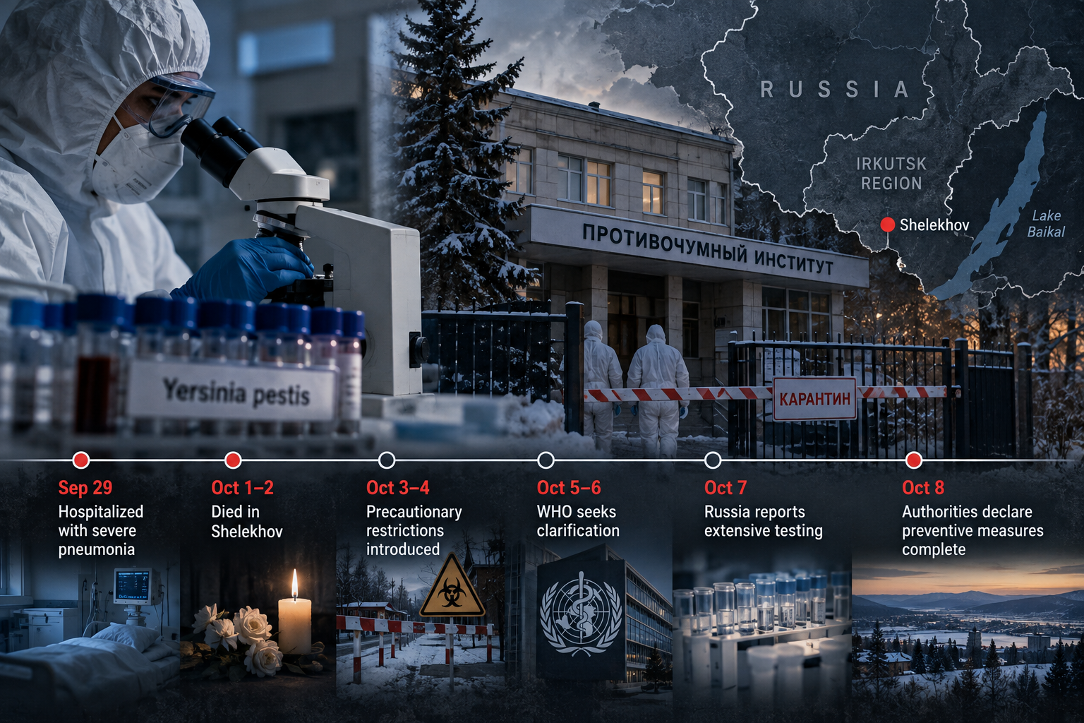 Editorial timeline illustration of the Irkutsk anti-plague institute incident, showing laboratory testing, Shelekhov, Russia, and key developments through October 8, 2026.