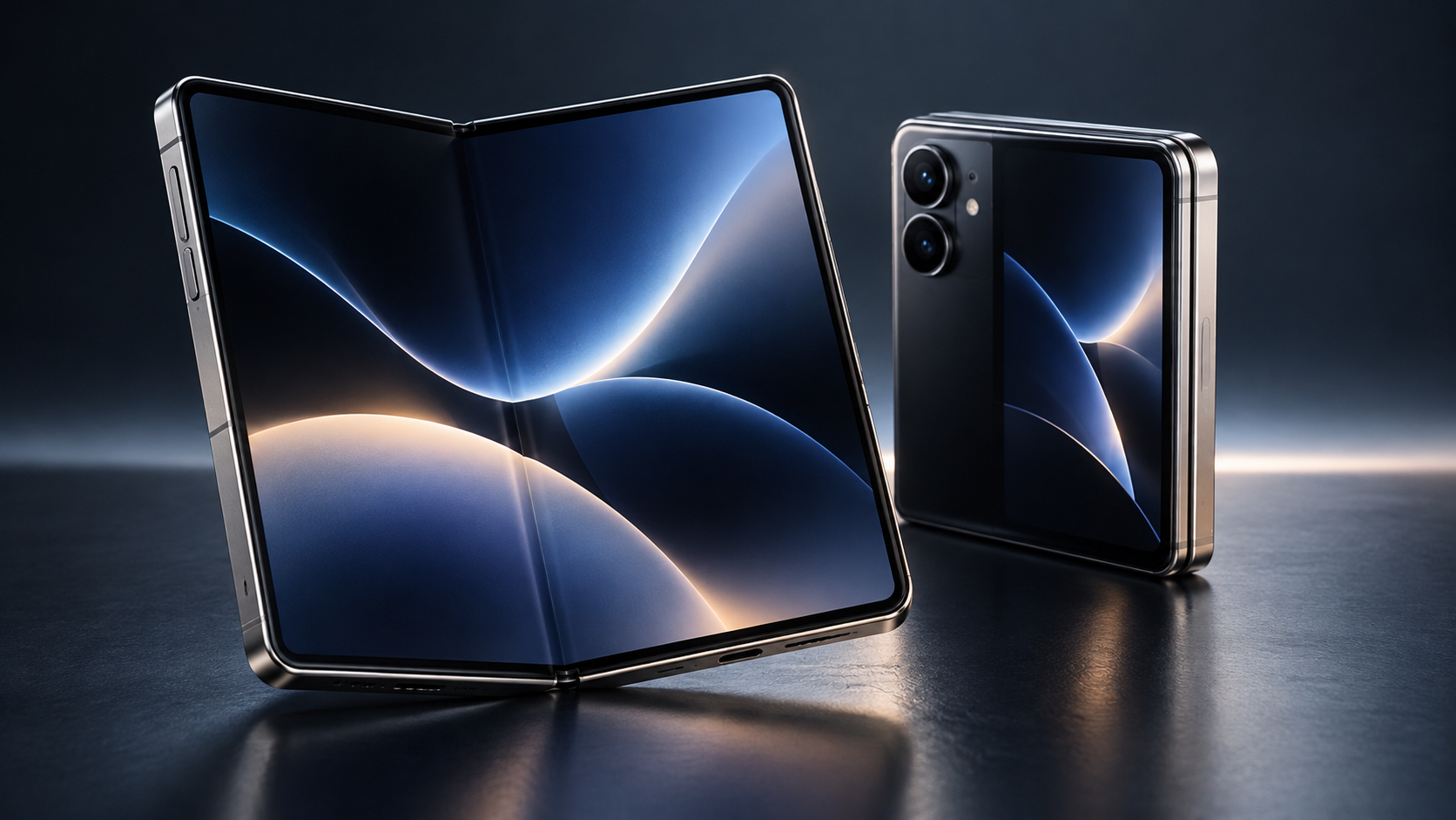 Editorial visualization of the foldable Apple iPhone Duo shown open and closed